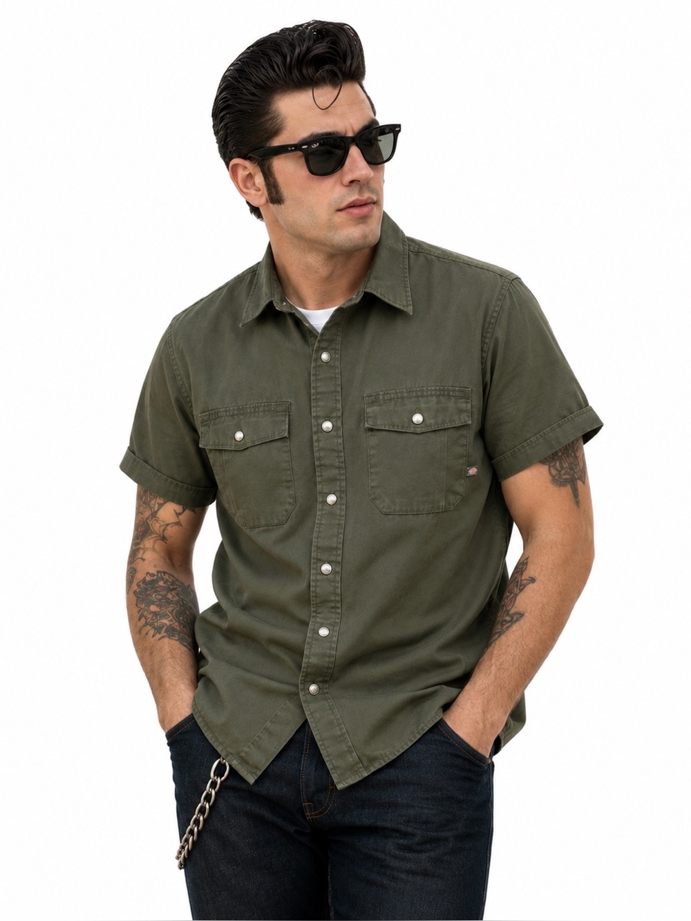 Dickies R12634 Drab Green Snap Heavy Duty Work Shirt Large 100% Cotton Greaser‎